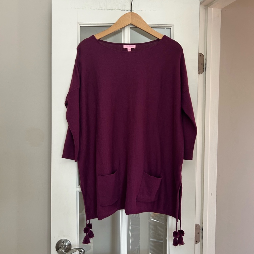 Lilly Pulitzer Elba Tunic Sweater Top Maroon Purple Tassel 3/4 Sleeve Size S